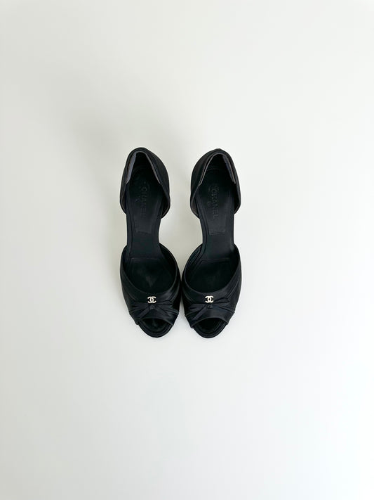 Chanel Black Satin Rhinestone Logo Pumps 39