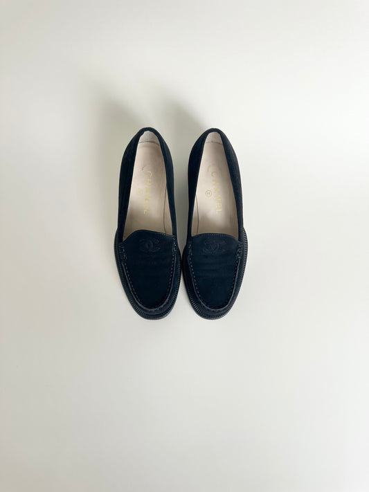 Chanel Black Suede Logo Loafers 35