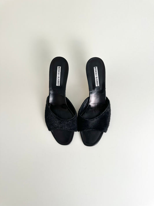 Manolo Blahnik Black Pony Hair Sandals 40.5