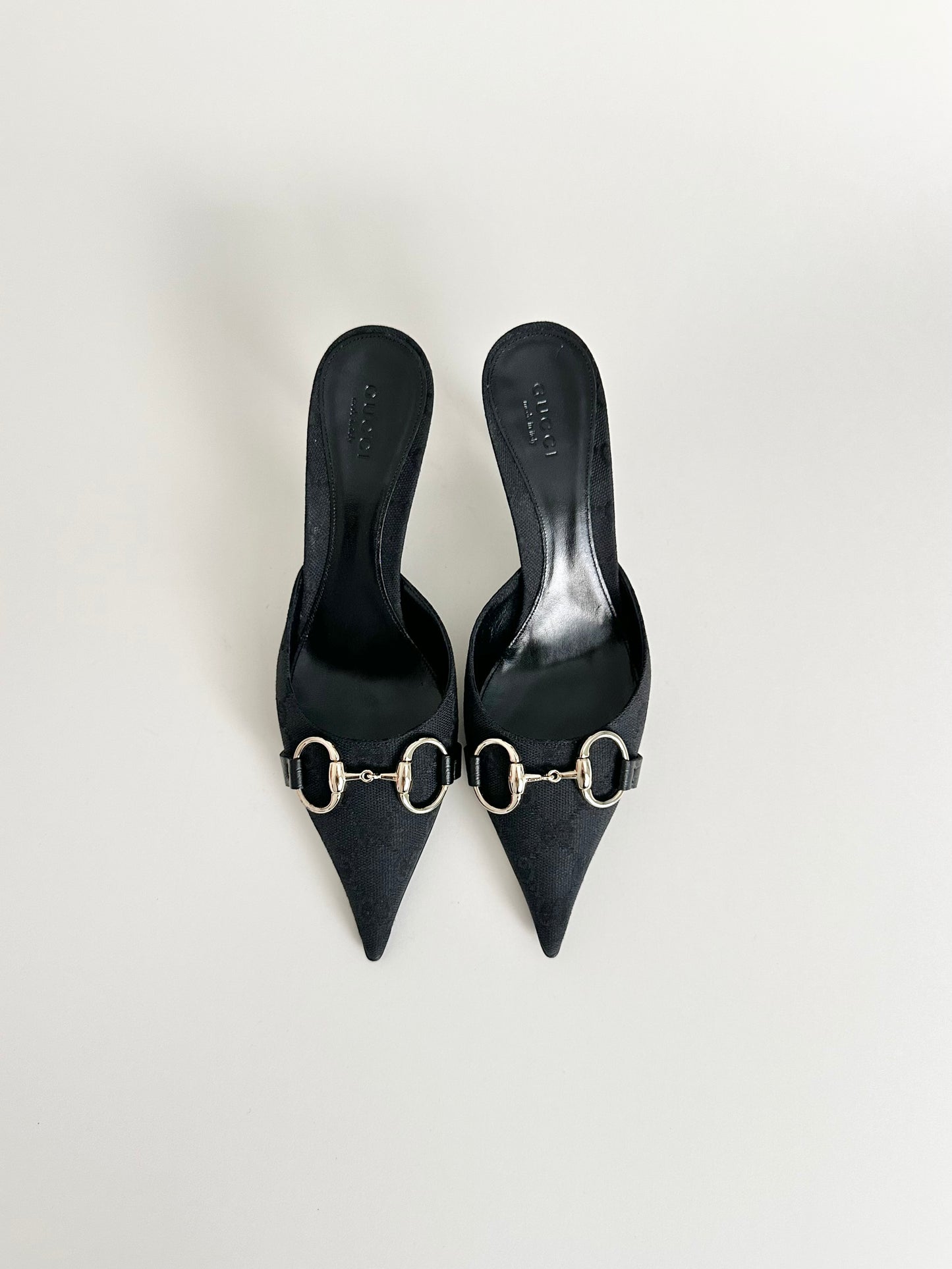 Gucci Black Monogram Horsebit Mules US 5.5