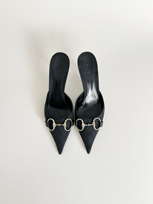 Gucci Black Monogram Horsebit Mules US 5.5