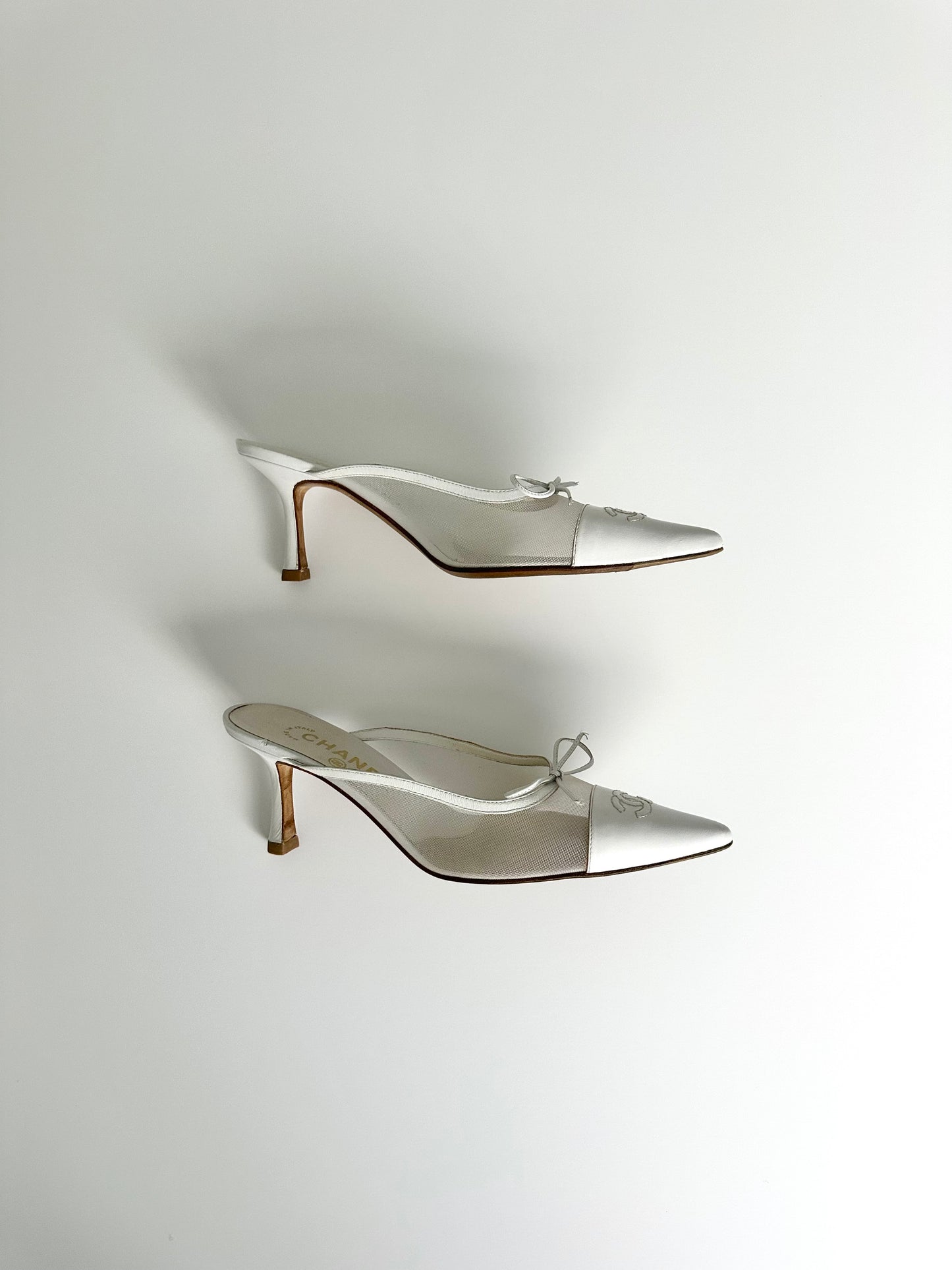 Chanel White Mesh Logo Mules 37.5