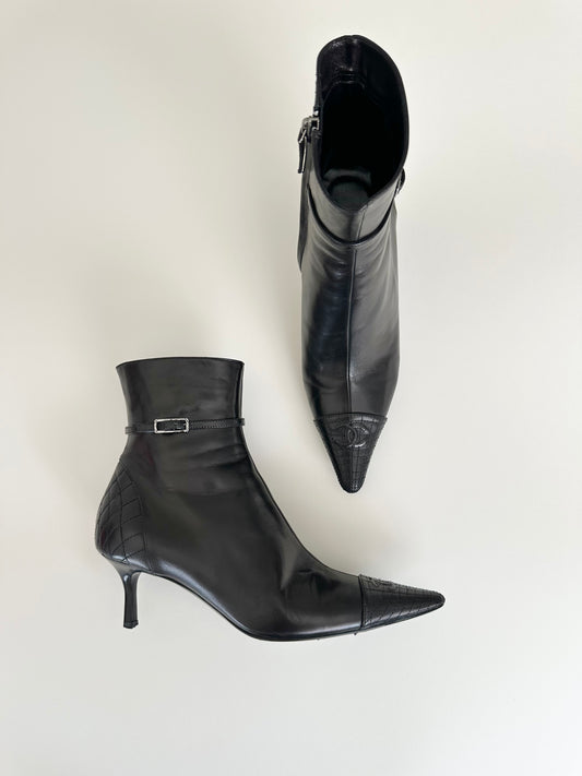 Chanel Black Quilted Logo Ankle Boots 36.5