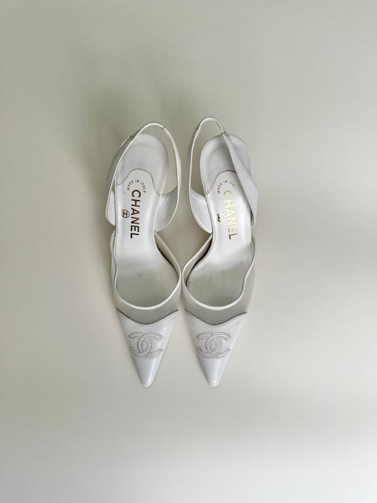 Chanel White Mesh Logo Slingback 37