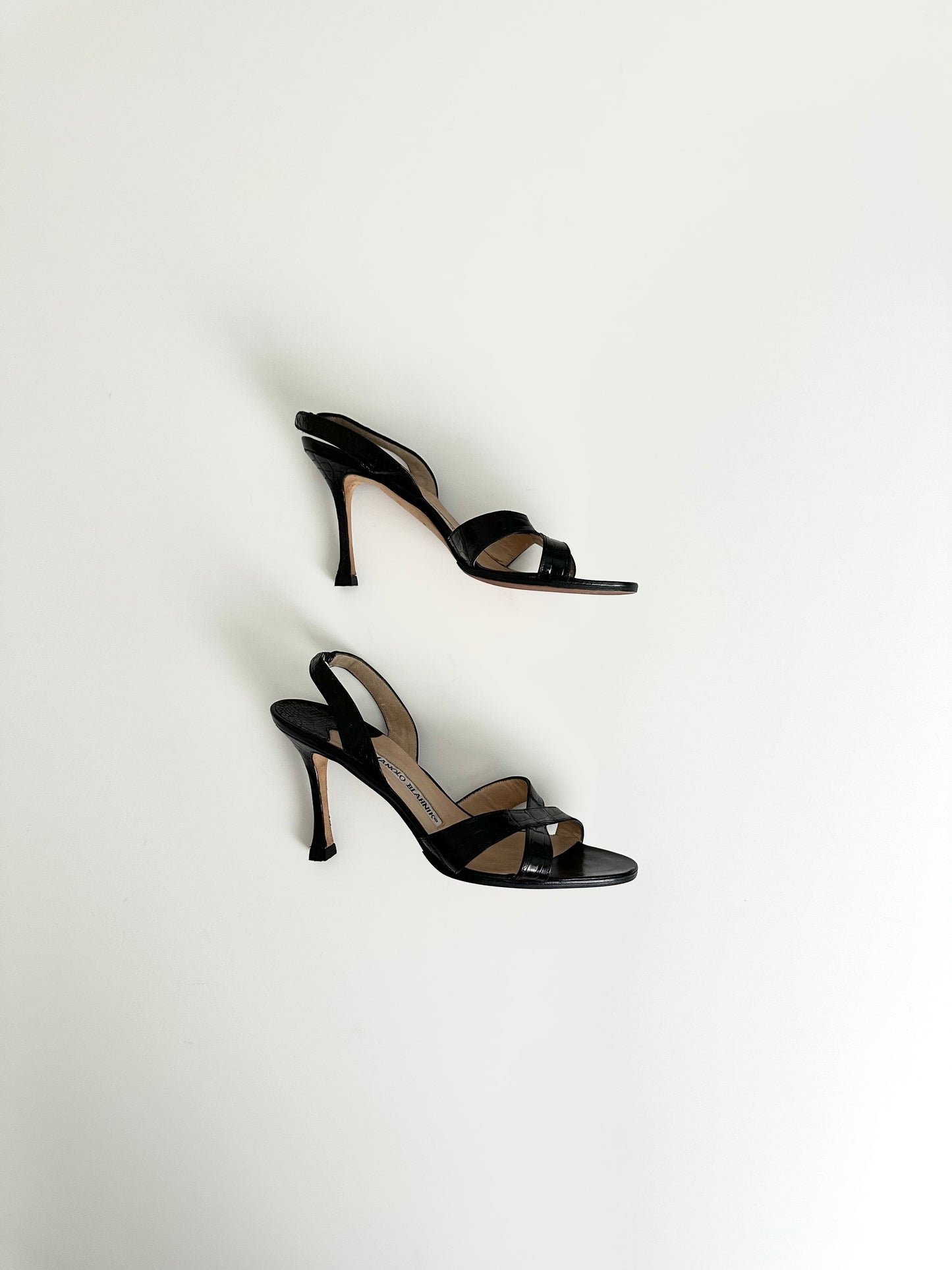 Manolo Blahnik Black Croc Callasli Slingback 37.5