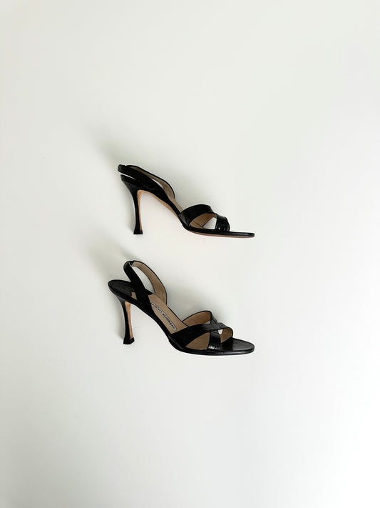 Manolo Blahnik Black Croc Callasli Slingback 37.5