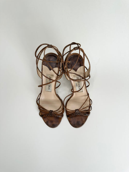 Jimmy Choo Brown Snakeskin Ankle Wrap Sandals 35.5