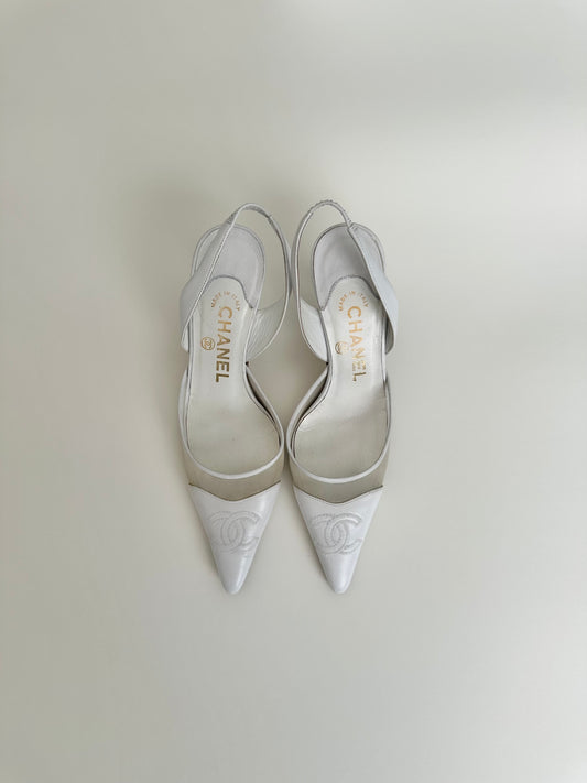 Chanel White Mesh Logo Slingback 34.5