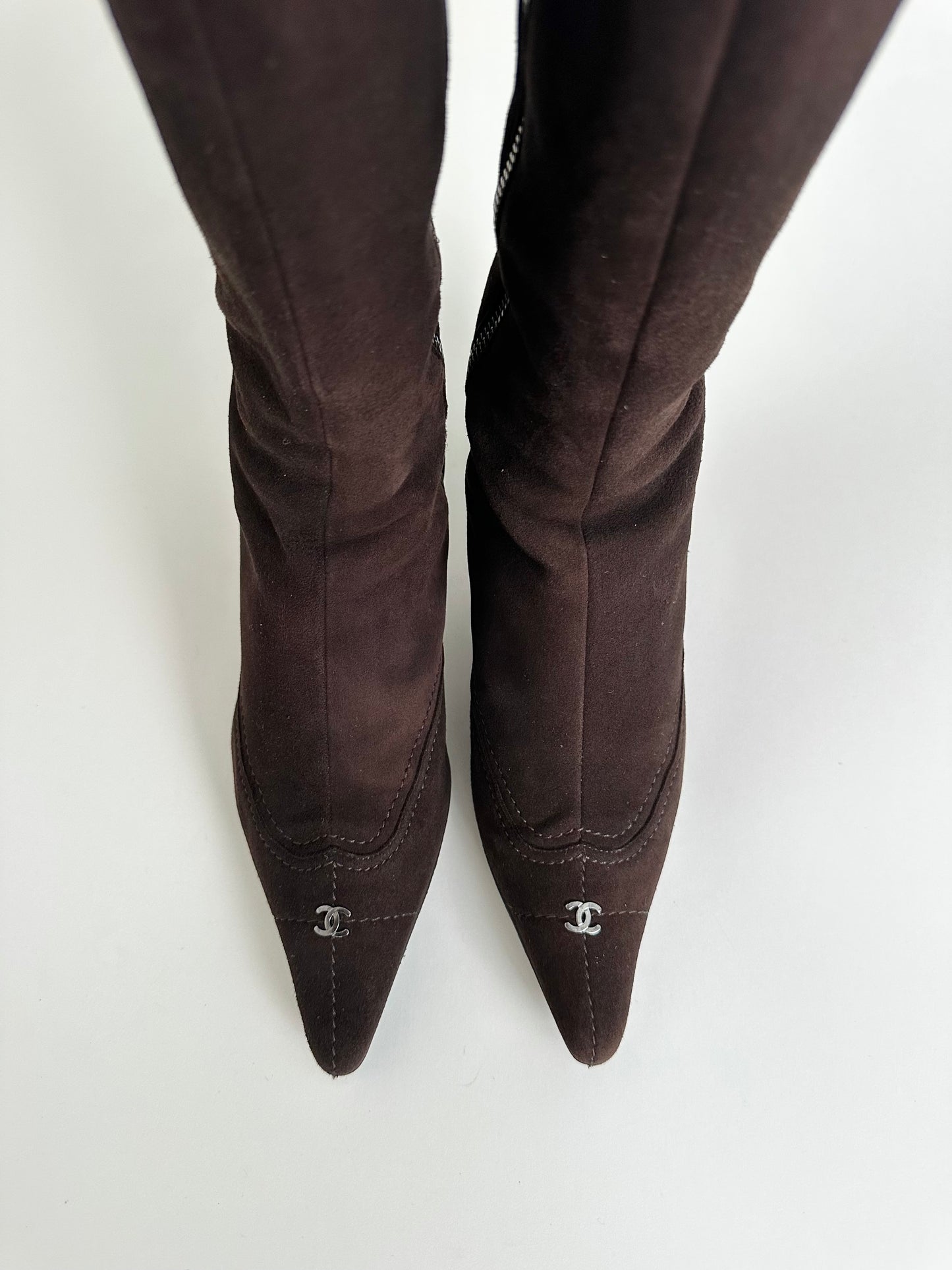 Chanel Brown Suede Logo Boots 34.5