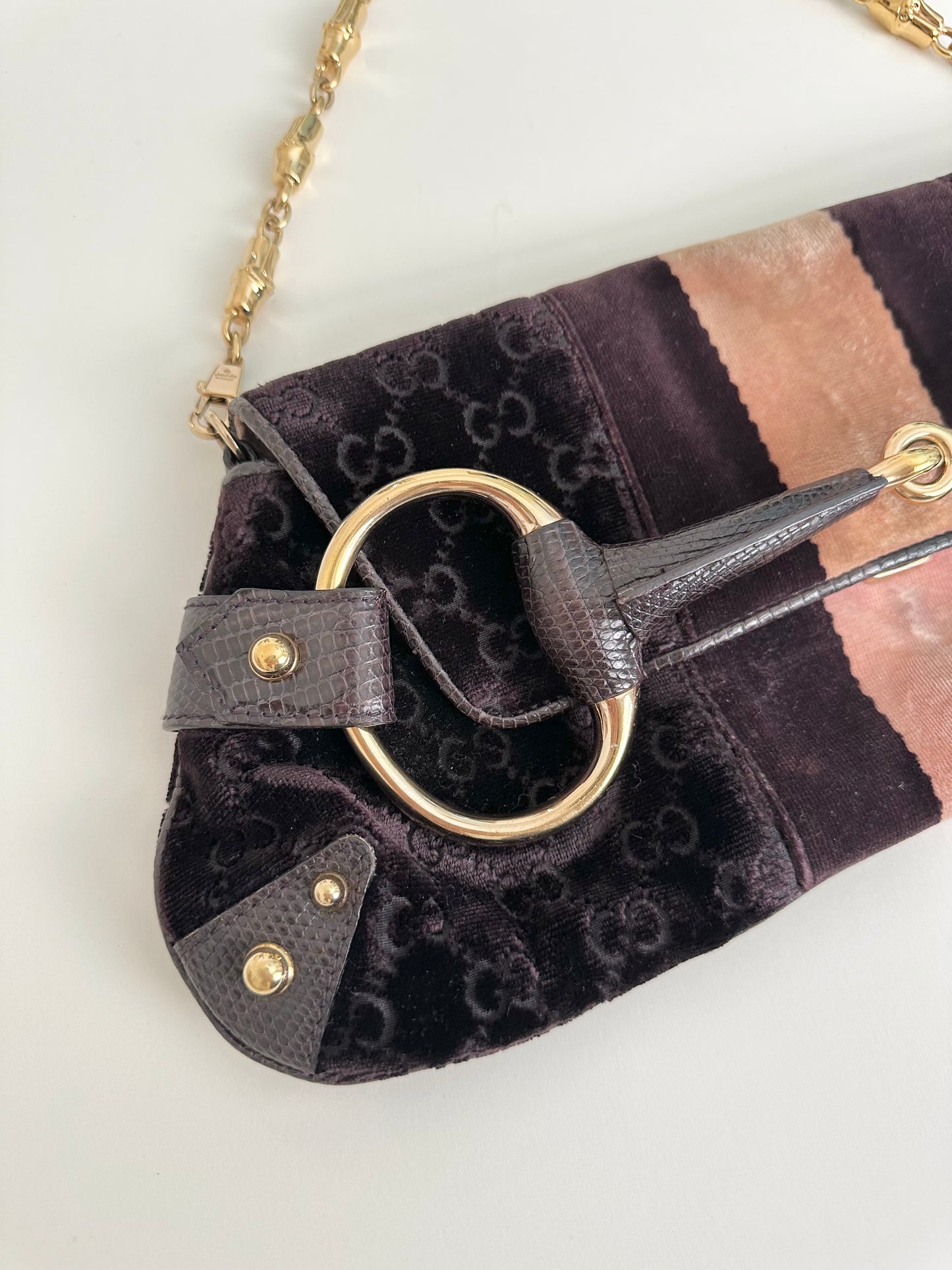 Gucci Purple Monogram Velvet Lizard 1955 Horsebit Bag