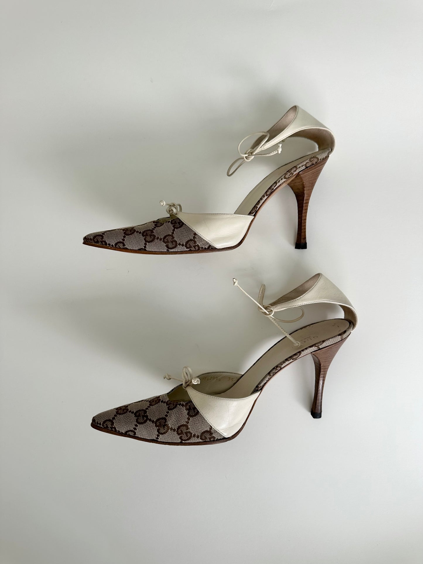 Gucci Ivory Monogram Ankle Tie Pumps 39