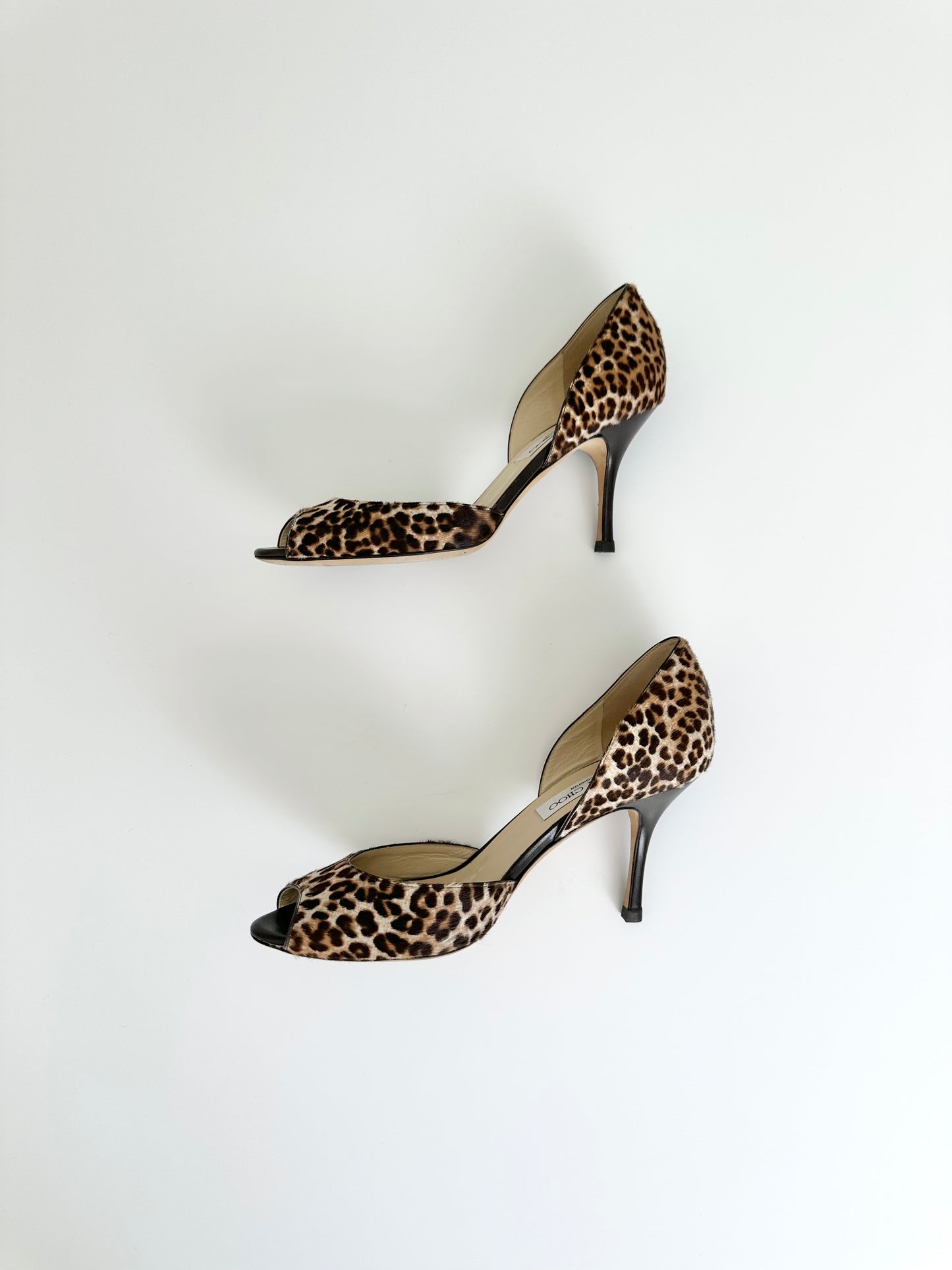 Jimmy Choo Leopard Ponyhair Peep Toe Heels 39