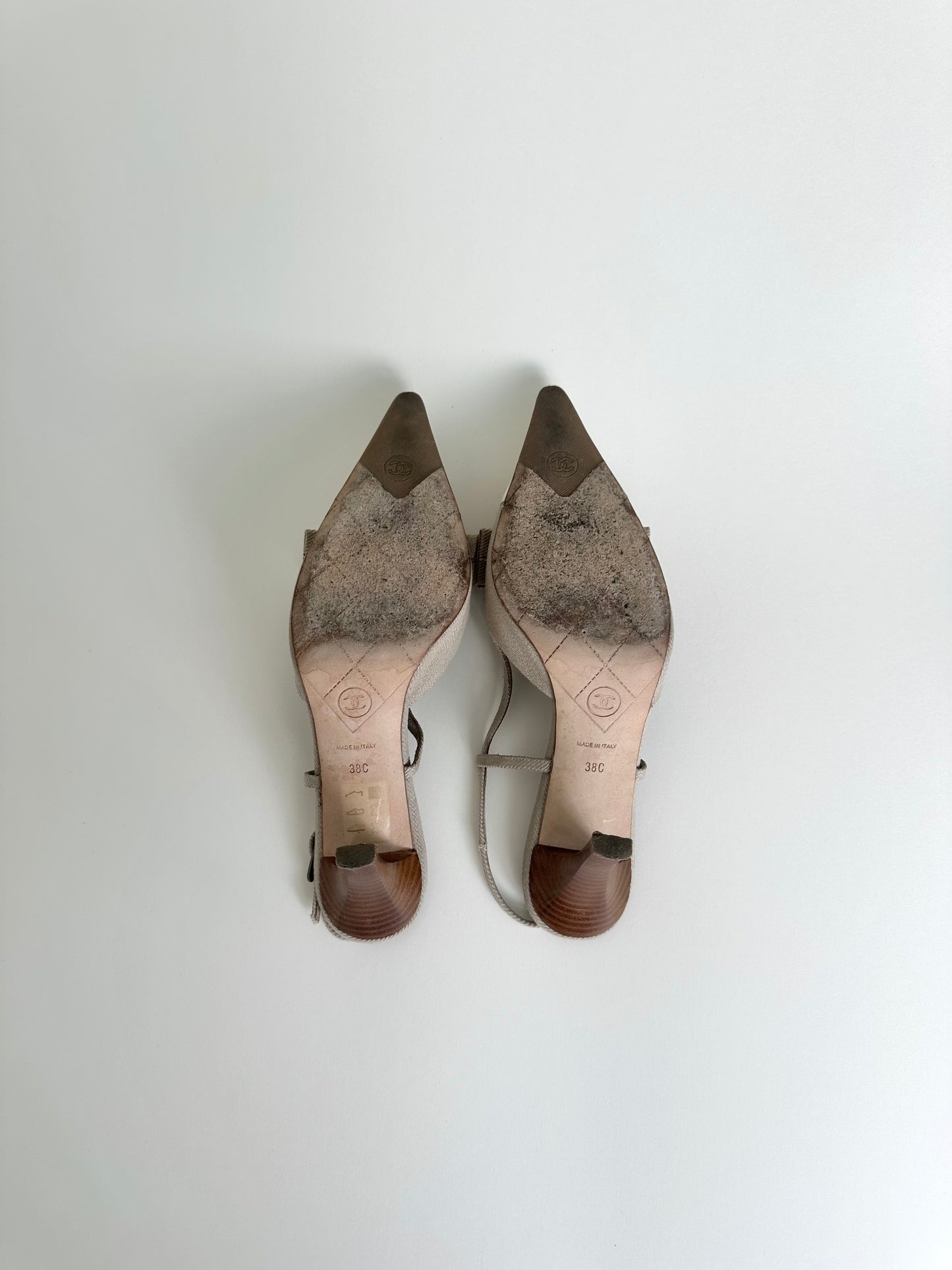 Chanel Beige Linen Bow Slingbacks 38