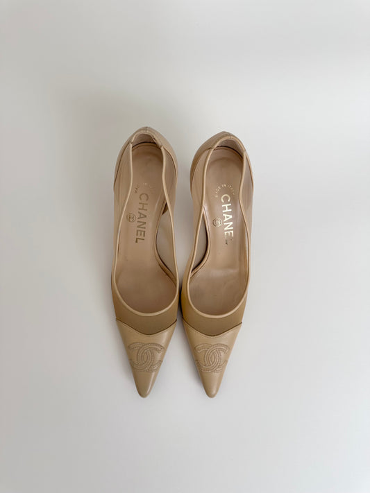 Chanel Beige Mesh Logo Pumps 36