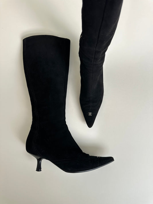 Chanel Black Suede Logo Boots 36