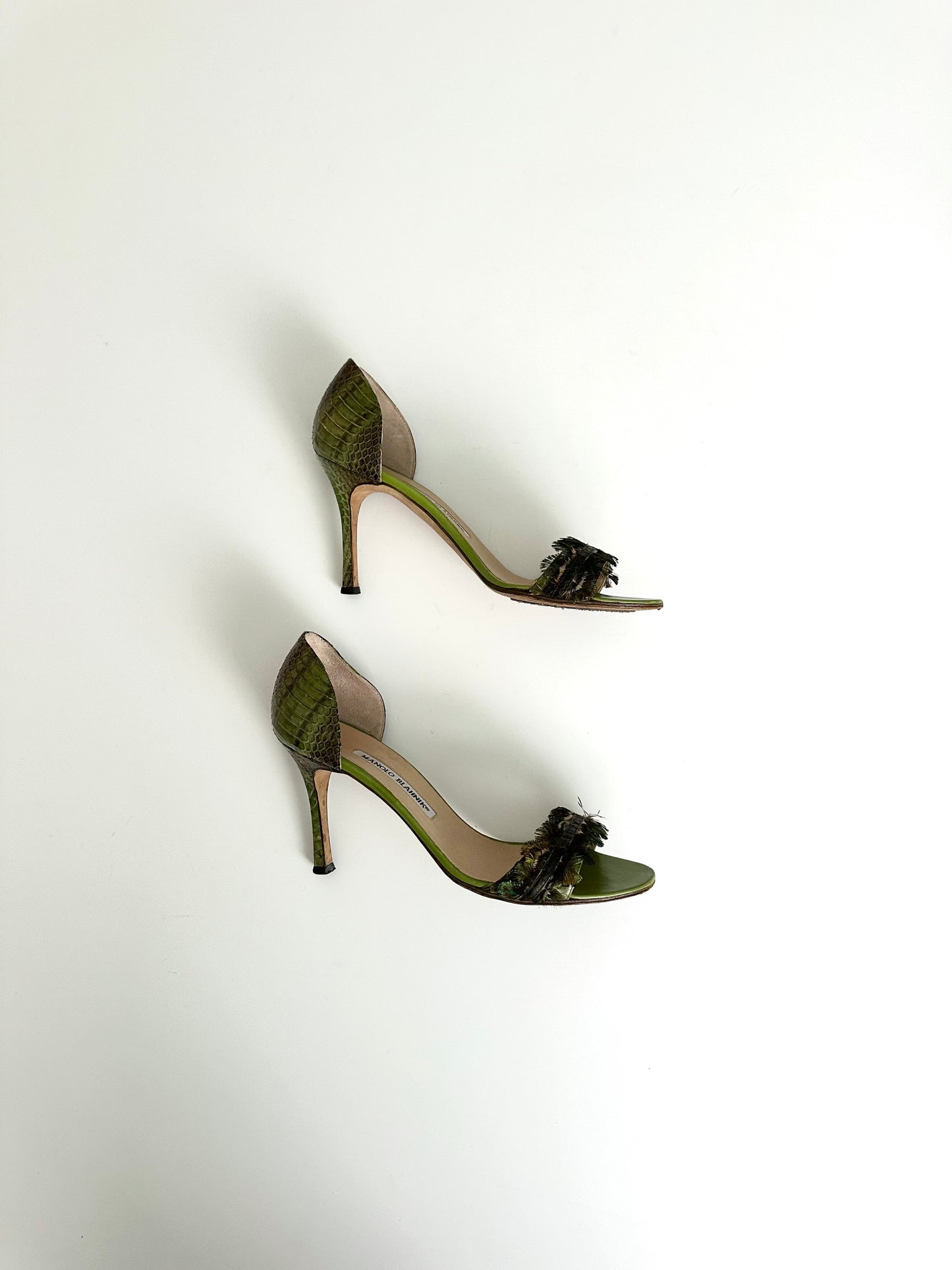 Manolo Blahnik Green Python Feather Pumps 38