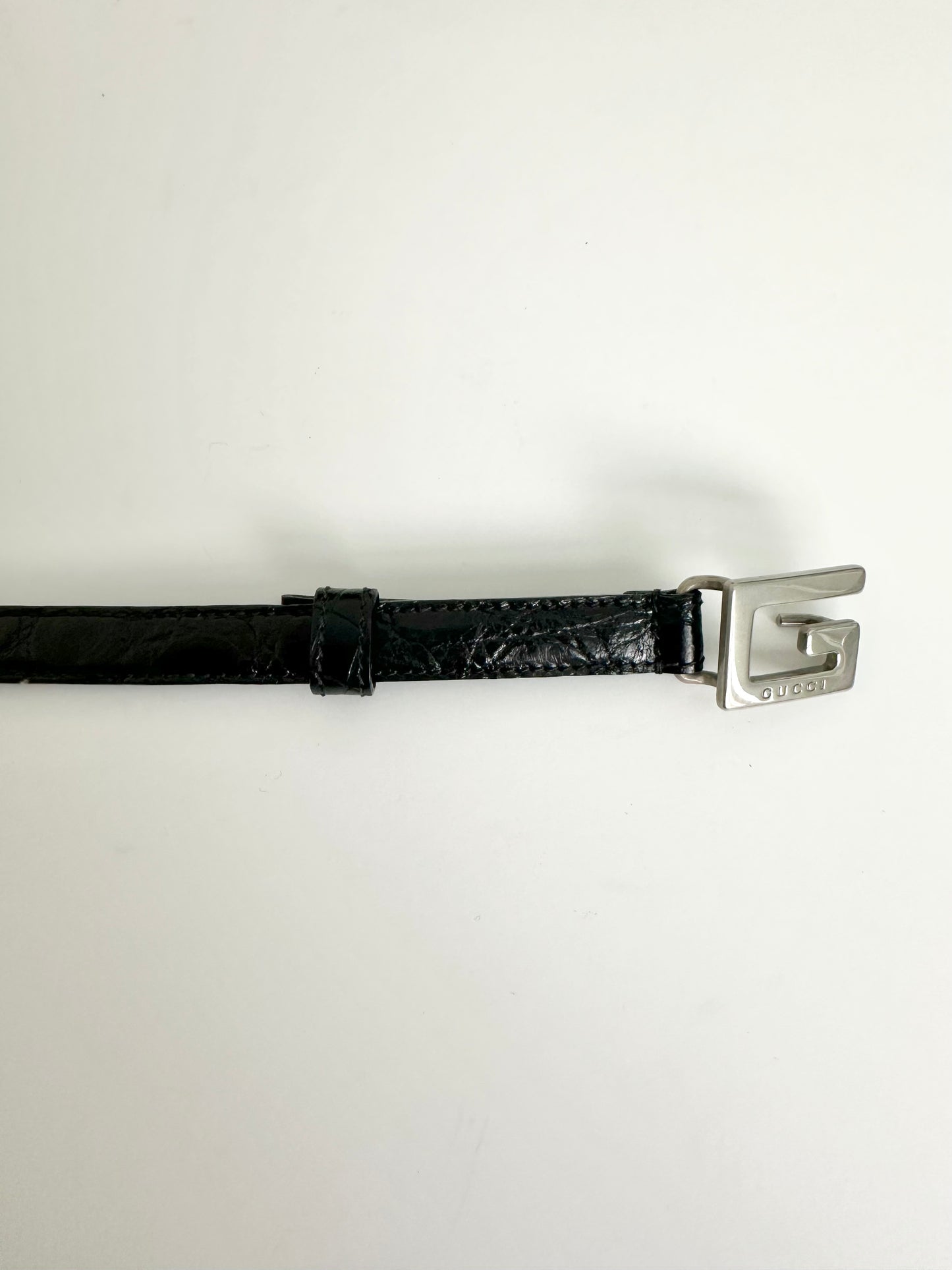 Gucci Black Croc Embossed Silver G Belt 60