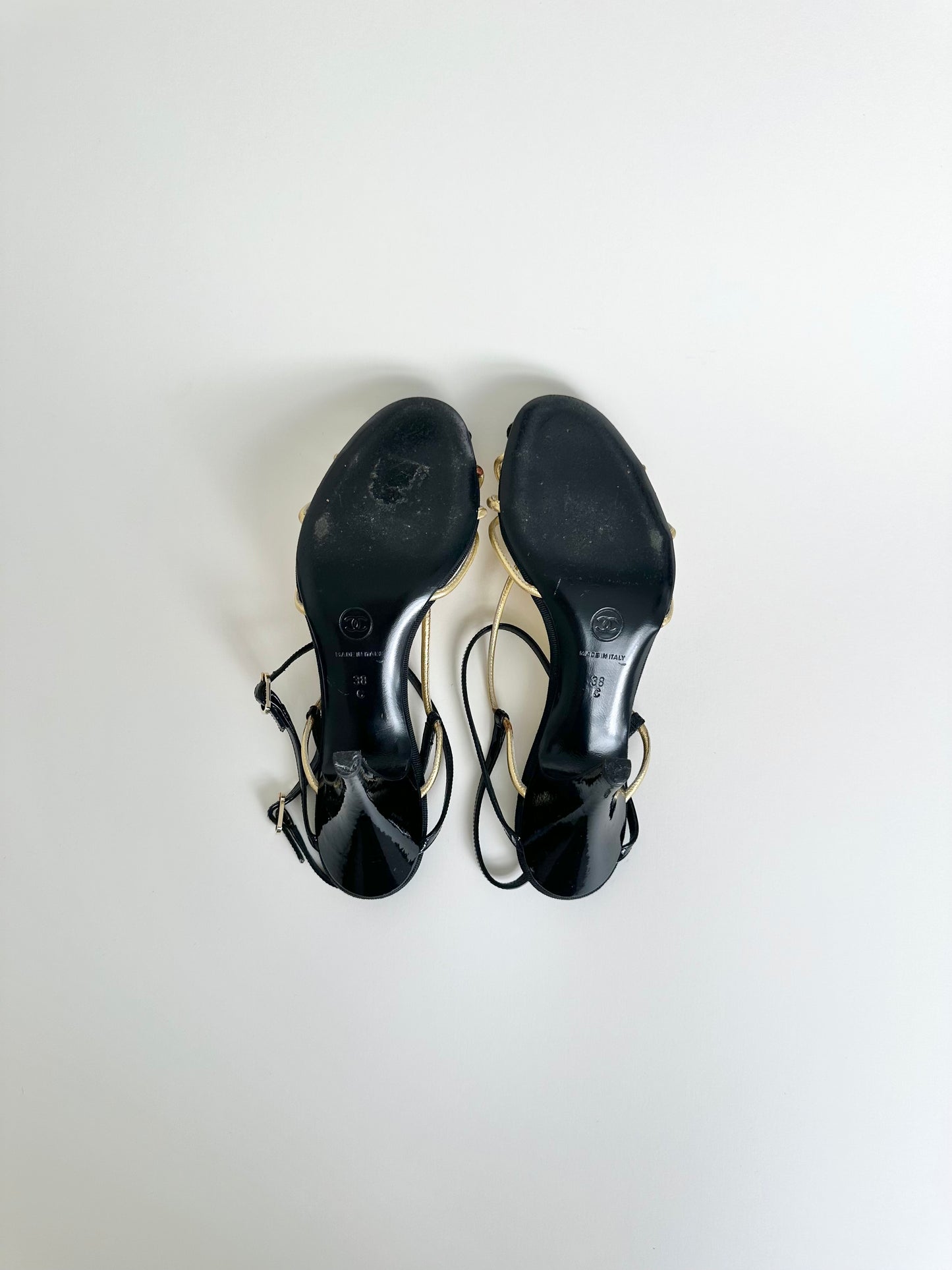 Chanel Black/Gold Caged Logo Heels 38