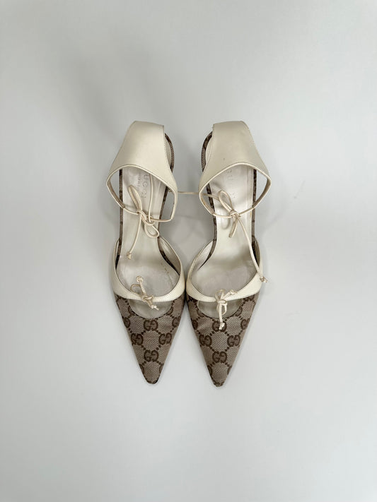 Gucci Monogram White Ankle Tie Heels US 6