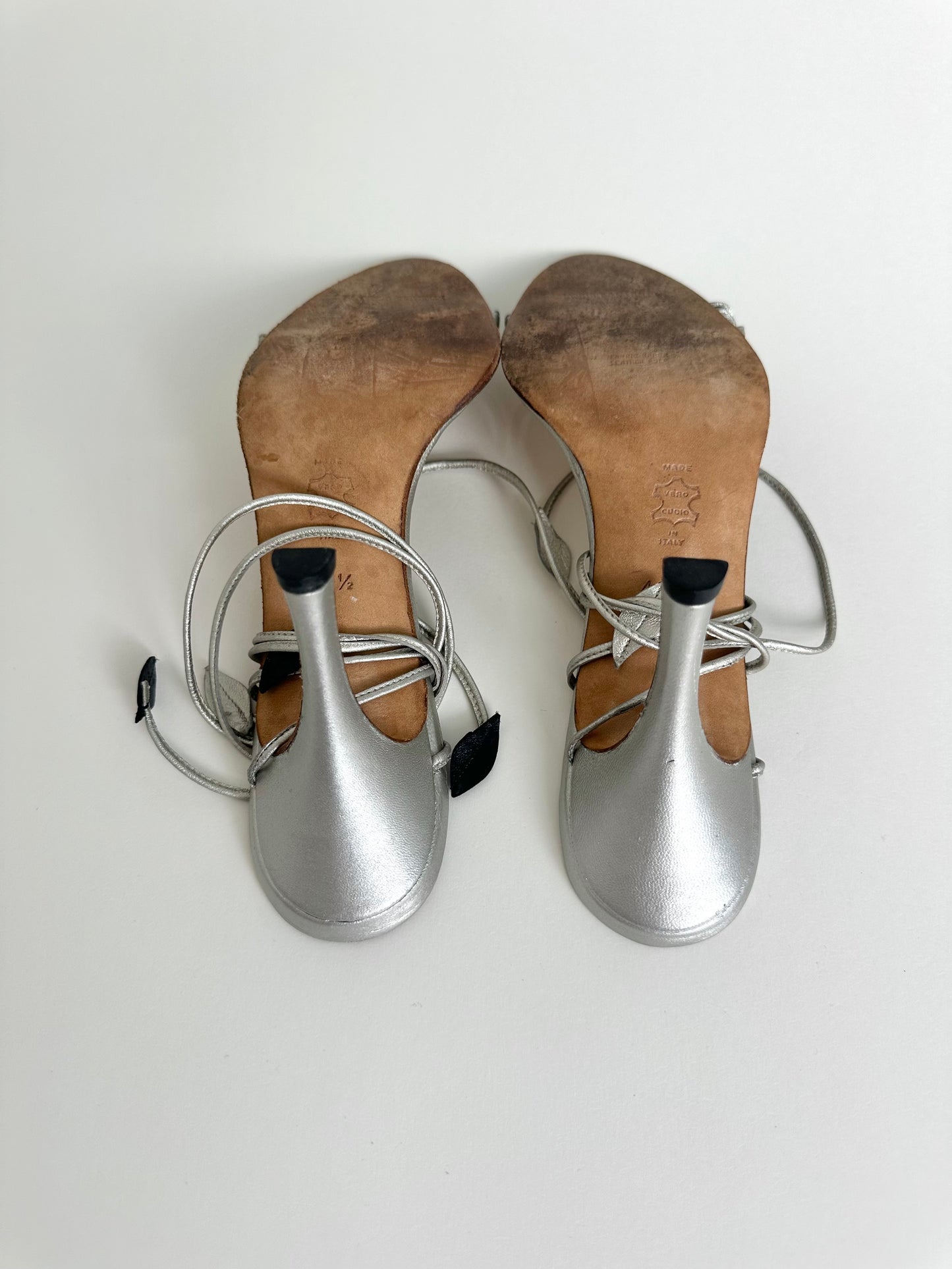Manolo Blahnik Silver Floral Tie Up Sandals 40.5
