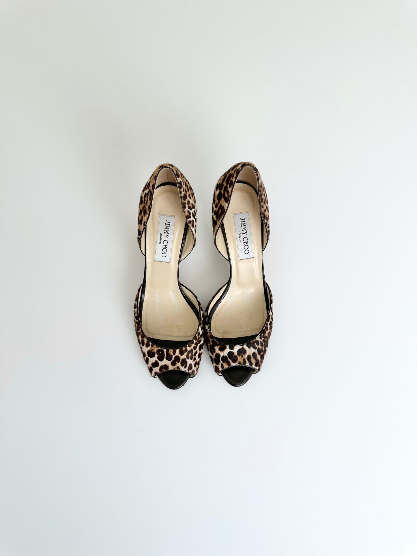 Jimmy Choo Leopard Ponyhair Peep Toe Heels 39