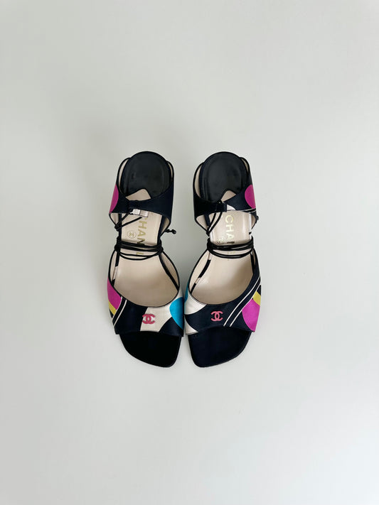 Chanel Multicolor Satin Ankle Tie Sandals 36.5