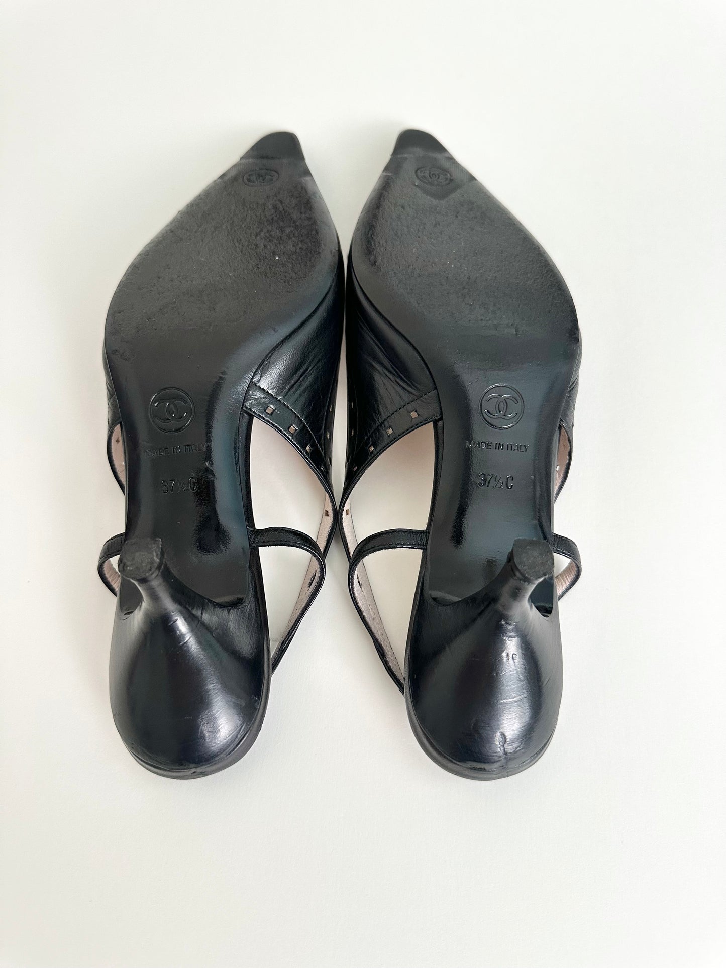 Chanel Black Leather Logo Slingbacks 37.5