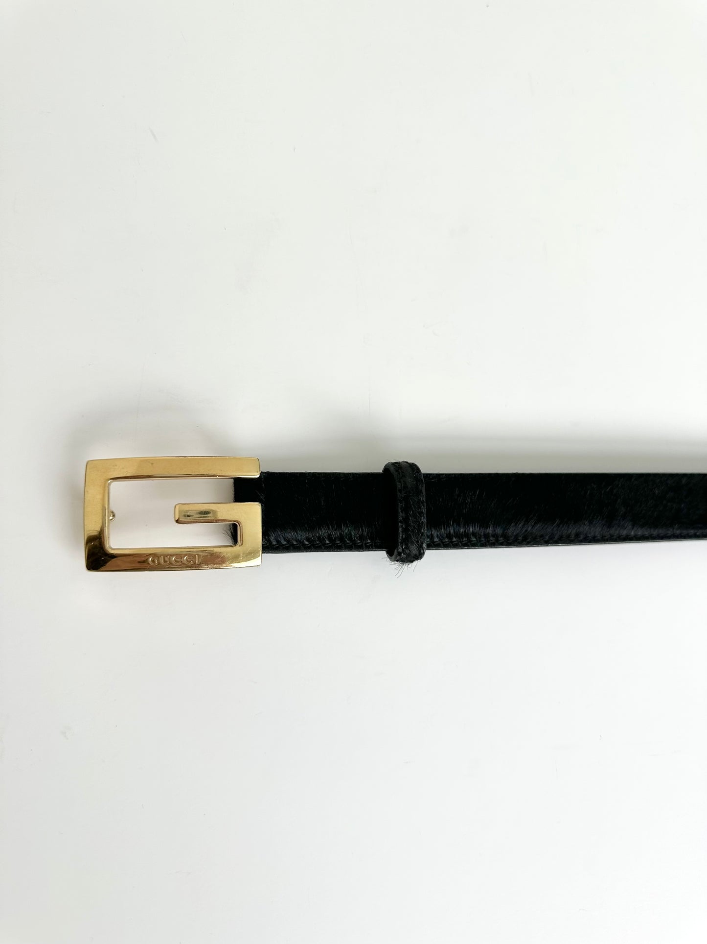 Gucci Black Ponyhair Gold G Belt 65