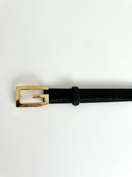 Gucci Black Ponyhair Gold G Belt 65