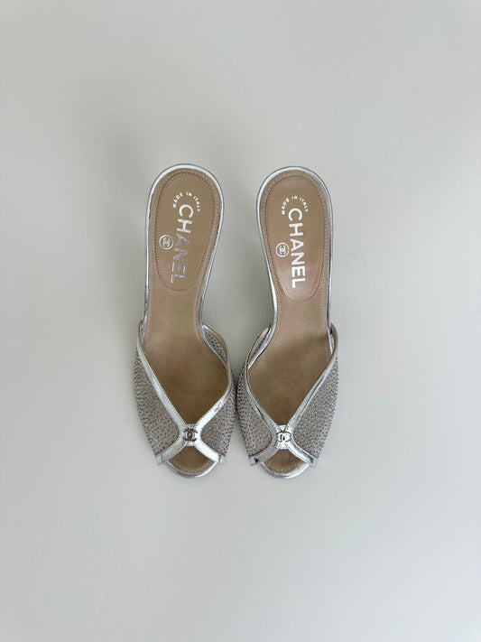 Chanel Silver Lucite Mesh Heels 37.5