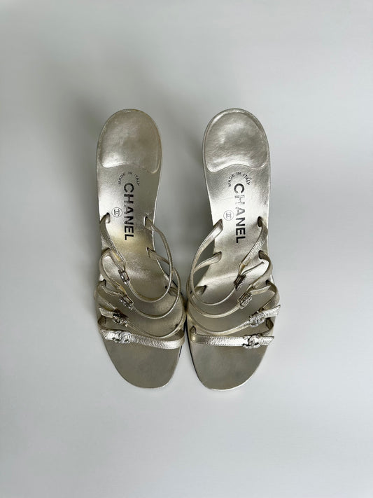 Chanel Gold Rhinestone Logo Sandals 40