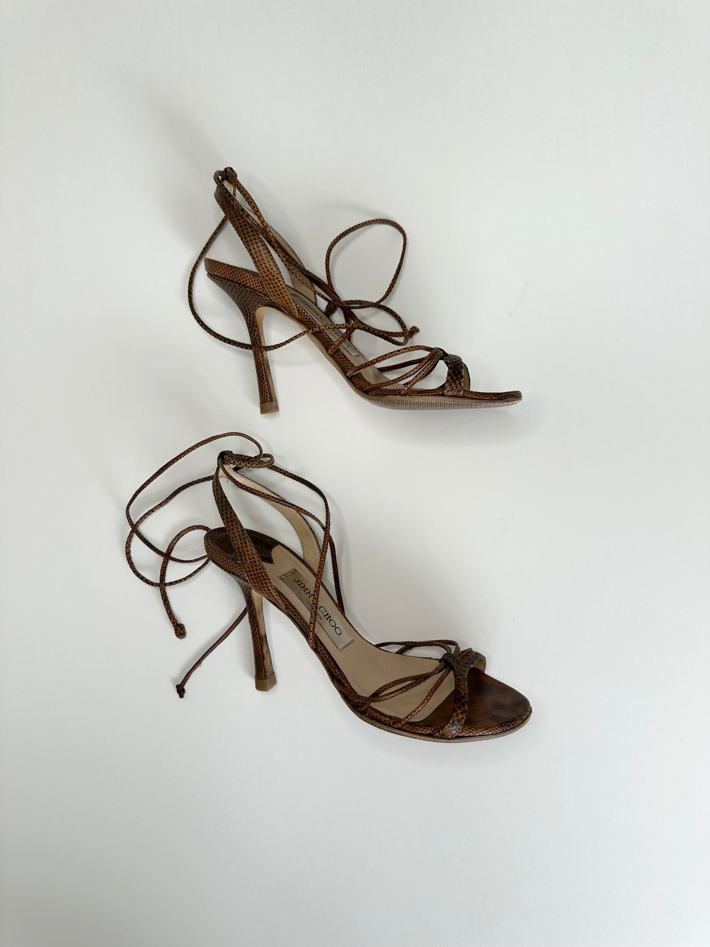 Jimmy Choo Brown Snakeskin Ankle Wrap Sandals 35.5