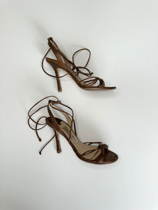 Jimmy Choo Brown Snakeskin Ankle Wrap Sandals 35.5