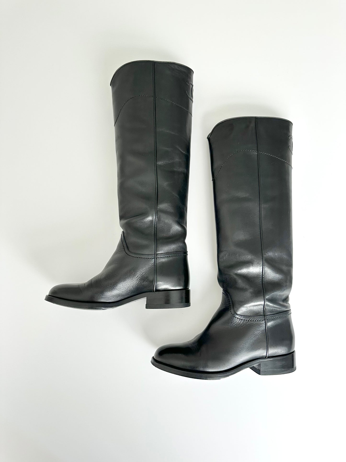 Chanel Black Leather Logo Riding Boots 36