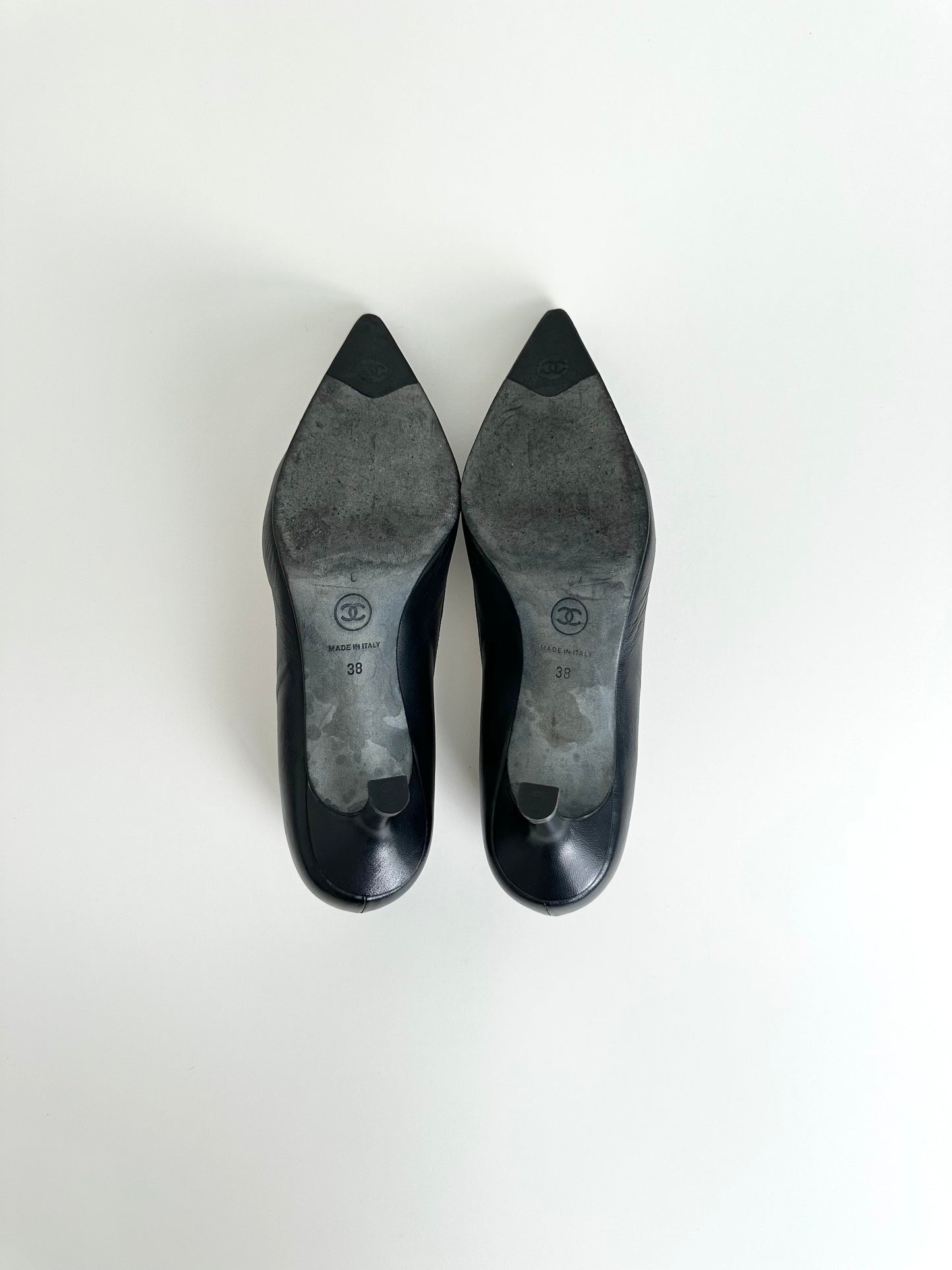 Chanel Black Leather Logo Pumps 38