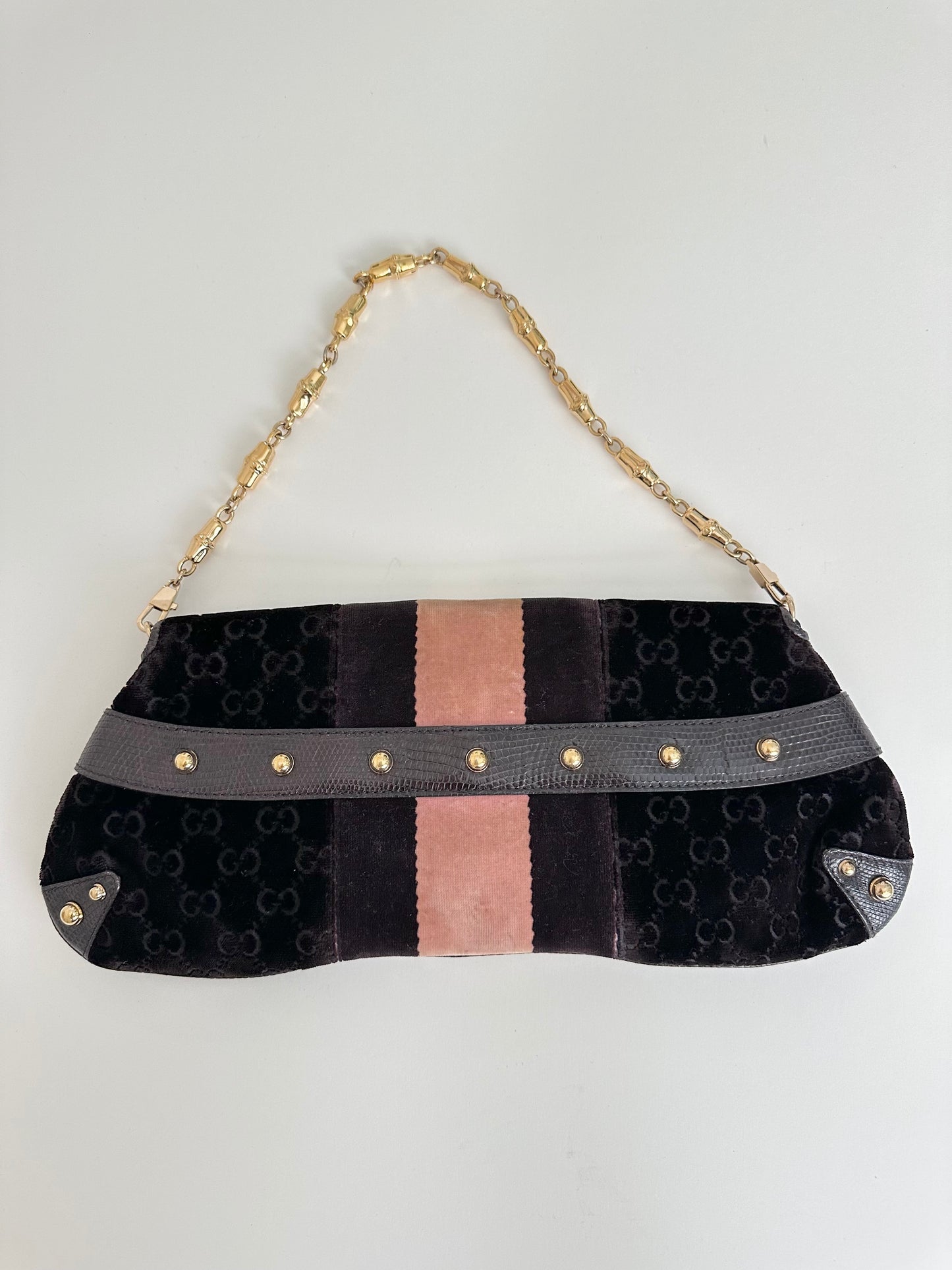 Gucci Purple Monogram Velvet Lizard 1955 Horsebit Bag