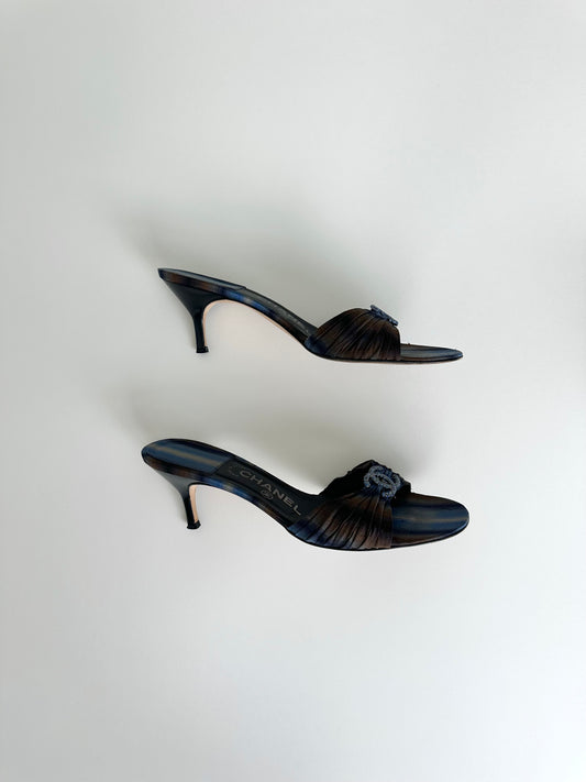 Chanel Blue Satin Rhinestone Sandals 40