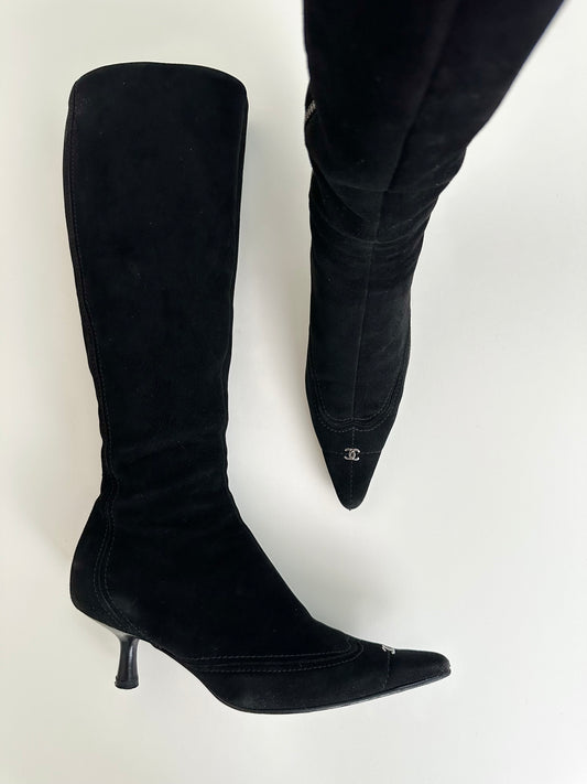 Chanel Black Suede Logo Boots 37