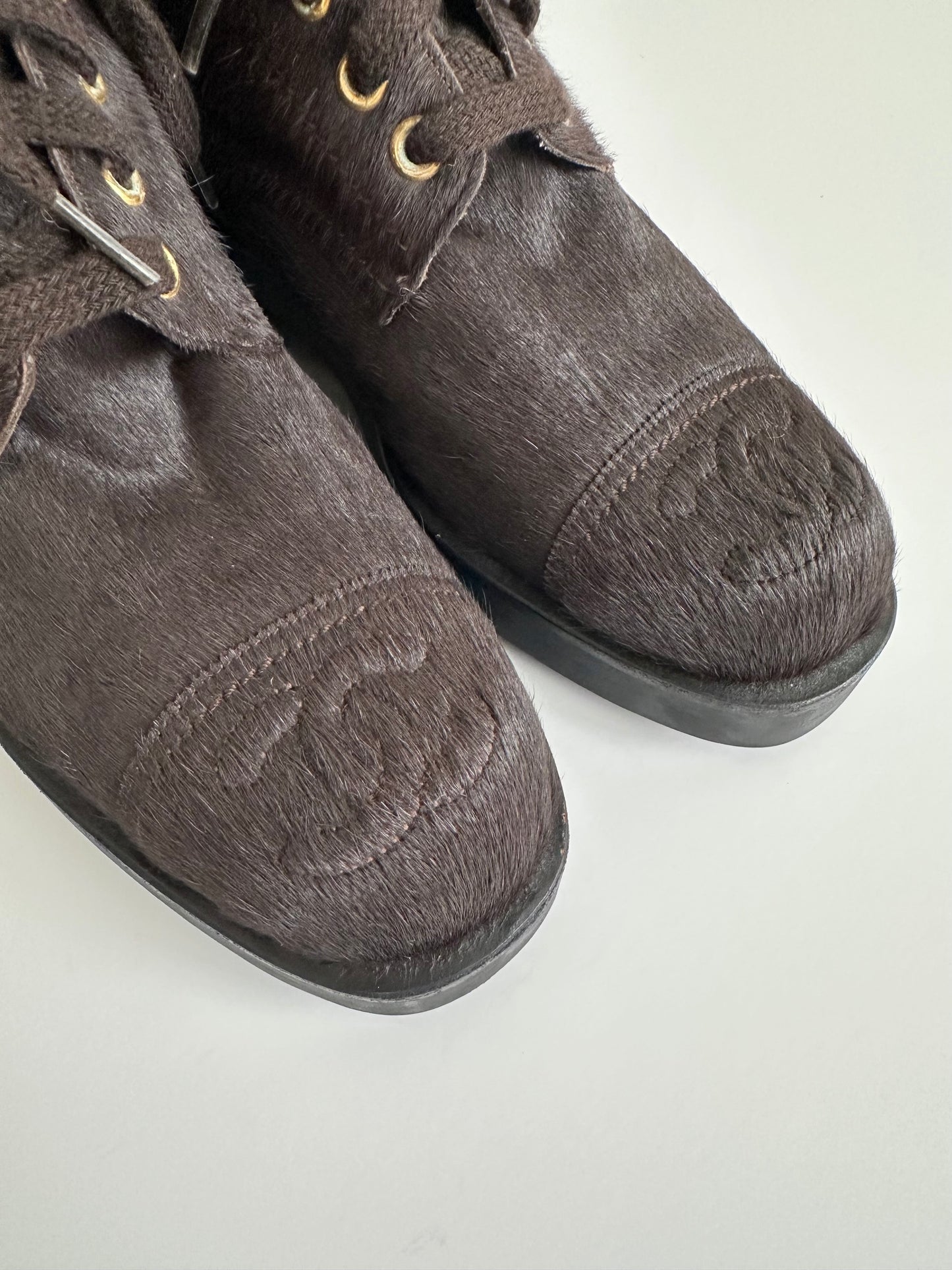 Chanel Brown Pony Hair Combat Boots 35.5