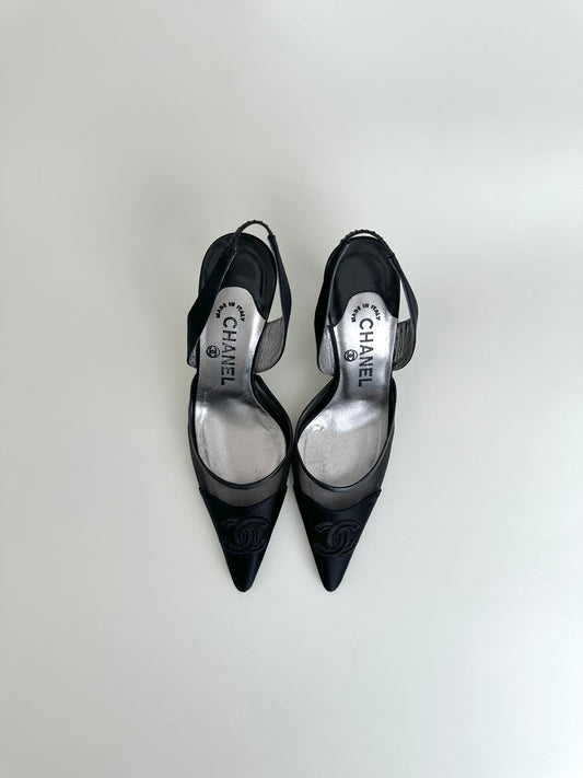 Chanel Black Satin Mesh Logo Slingback 36.5