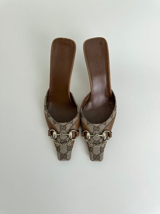 Gucci Tan Monogram Horsebit Mules 37.5