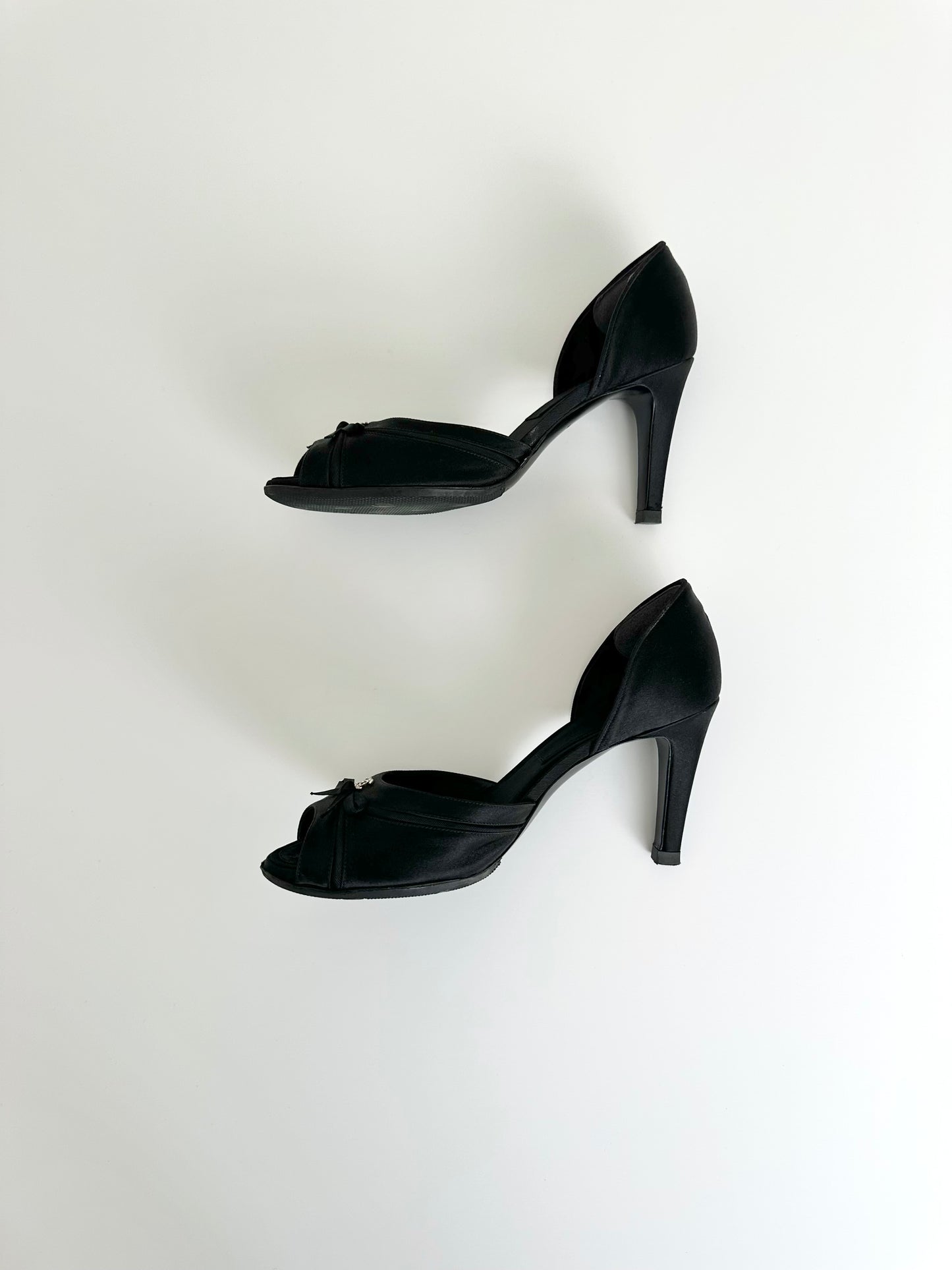 Chanel Black Satin Rhinestone Logo Pumps 39