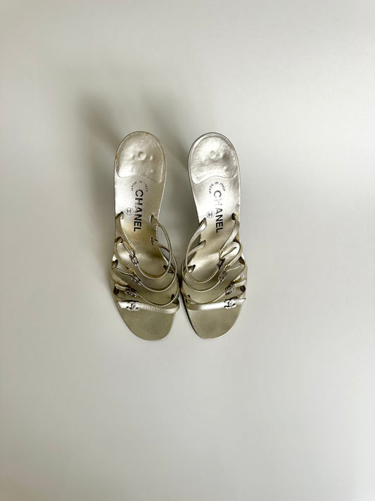 Chanel Gold Rhinestone Logo Sandals 40