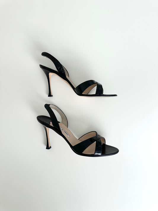 Manolo Blahnik Black Croc Slingback 41