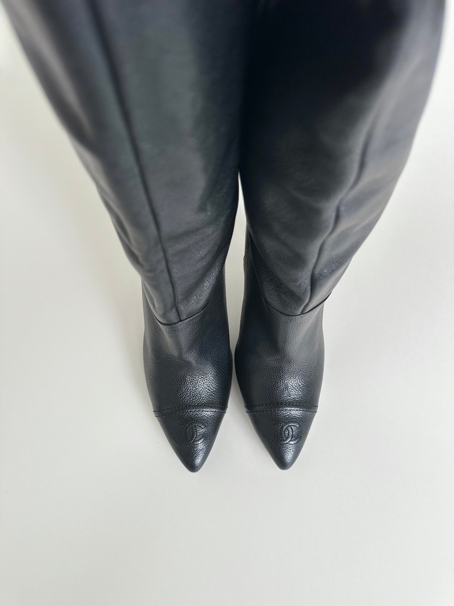 Chanel Black Leather Logo Boots 37