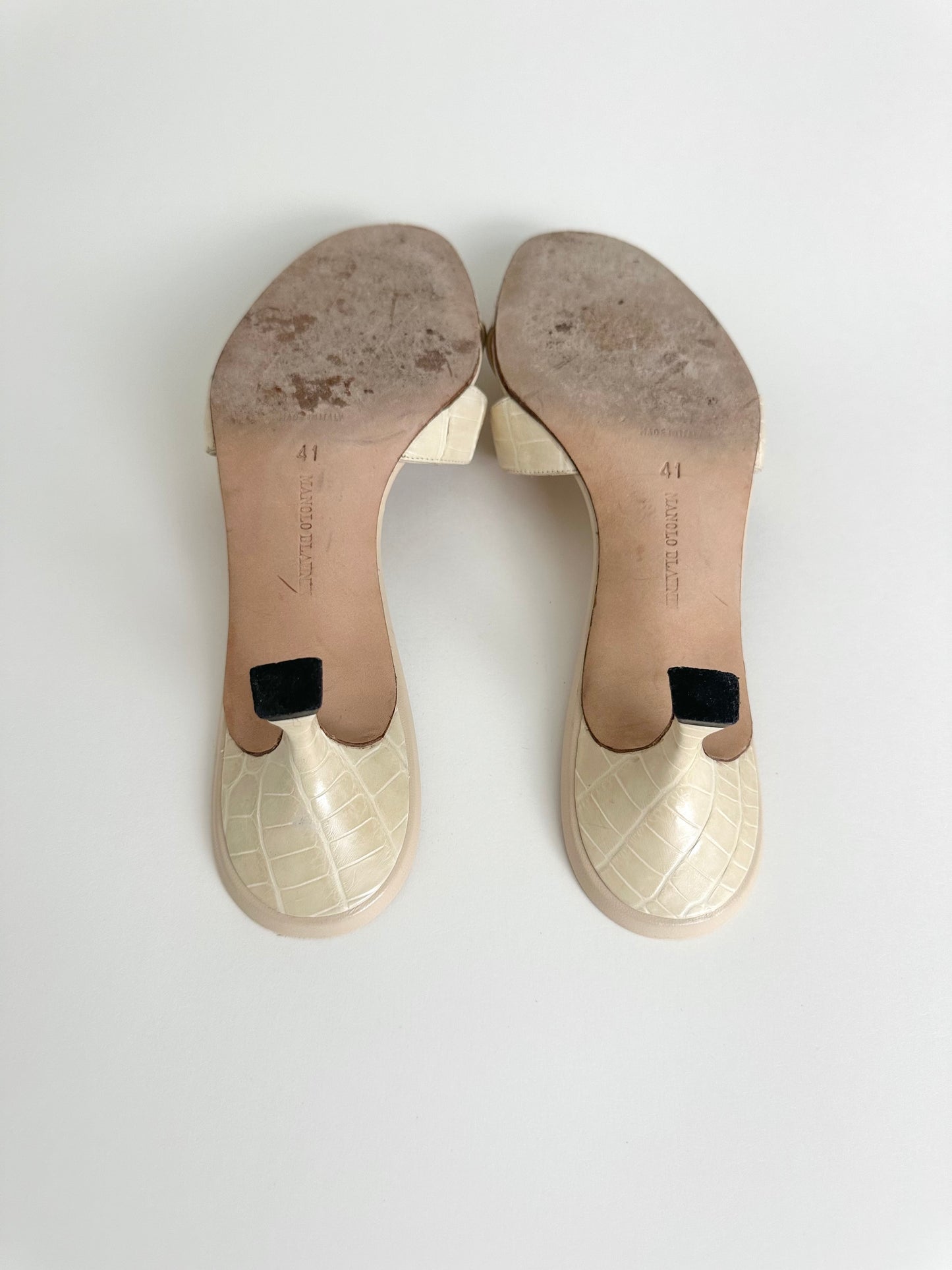 Manolo Blahnik Ivory Callamu Croc Mules 41