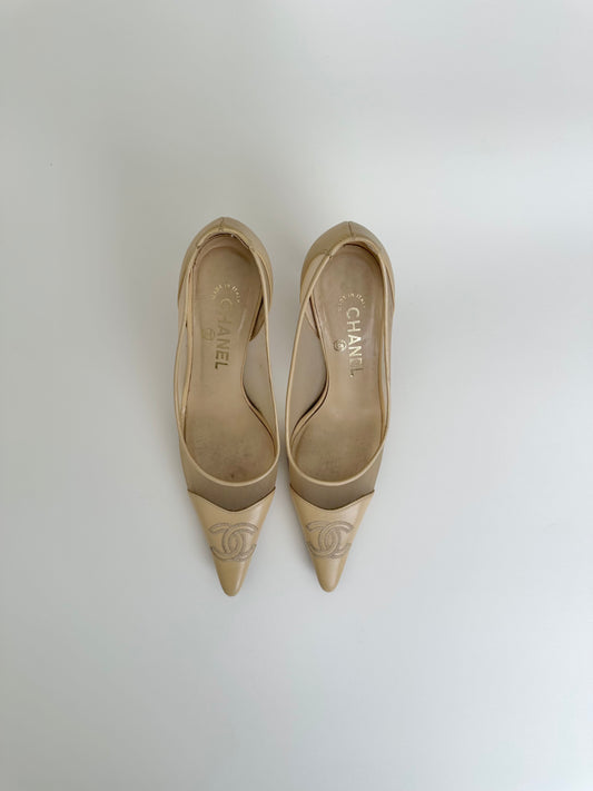 Chanel Beige Mesh Logo Pumps 37