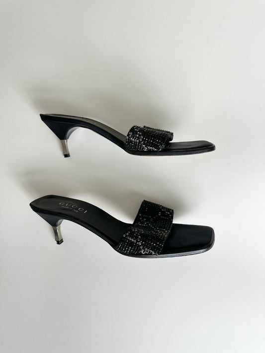 Gucci 1998 Black Crystal Monogram Sandals 37