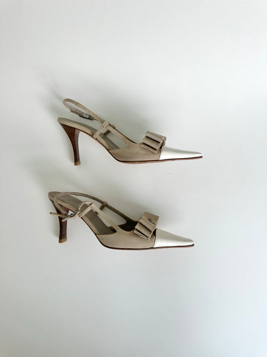 Chanel Beige Linen Bow Slingbacks 38
