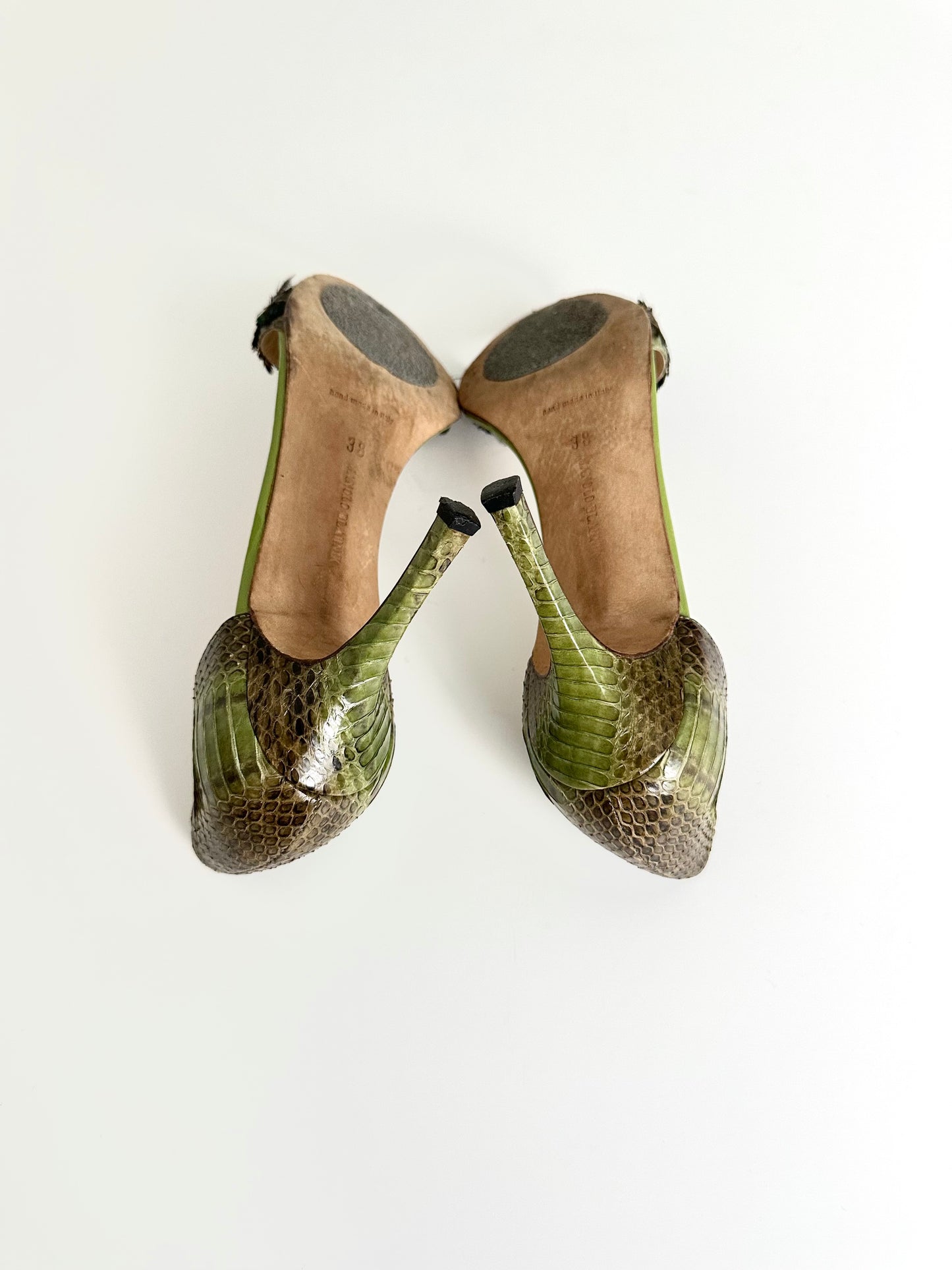Manolo Blahnik Green Python Feather Pumps 38